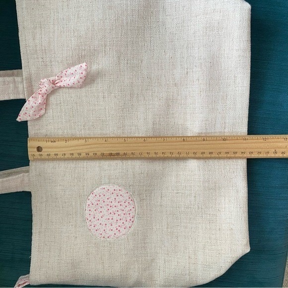 Handmade Linen Tote Bag Pink Floral Heart Drawstring Cottagecore Beige Large - Picture 6 of 10